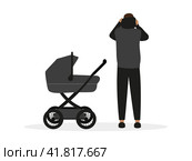 Мужчина стоит рядом с детской коляской и надевает на голову капюшон на белом фоне. Стоковая иллюстрация, иллюстратор Карпенко Алексей / Фотобанк Лори