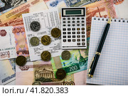 Деньги, покупки. Карманный калькулятор, кассовый чек из магазина, монеты, бумажные купюры, ручка, блокнот лежат на столе. Стоковое фото, фотограф Владимир Устенко / Фотобанк Лори