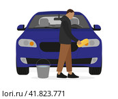 Мужчина с ведром воды и губкой для мытья автомобильных фар на белом фоне. Стоковая иллюстрация, иллюстратор Карпенко Алексей / Фотобанк Лори