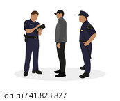 Два офицера полиции в форме и мужчина стоят вместе на белом фоне. Стоковая иллюстрация, иллюстратор Карпенко Алексей / Фотобанк Лори