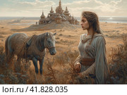 Girl with a horse in the steppe against the background of a house  Generative AI. Стоковое AI-изображение, AI-художник Анна Кривицкая / Фотобанк Лори