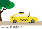 Male character standing next to yellow taxi outdoors. Стоковая иллюстрация, иллюстратор Карпенко Алексей / Фотобанк Лори