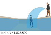 Male character pouring water from a hose onto a female character standing in an empty pool. Стоковая иллюстрация, иллюстратор Карпенко Алексей / Фотобанк Лори