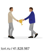 Two male characters holding one golden cup isolated on white background. Стоковая иллюстрация, иллюстратор Карпенко Алексей / Фотобанк Лори