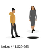 Two female characters are walking towards an open manhole on a white background. Стоковая иллюстрация, иллюстратор Карпенко Алексей / Фотобанк Лори