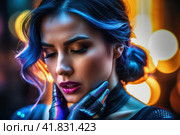 Tonsillitis and angina concept. Sick woman with closed eyes touching her sore throat. Unhealthy female with painful feelings in neck feels discomfort, hard to swallow, irritation or loss of voice. AI. Стоковое AI-изображение, AI-художник Sergey Grishin / Фотобанк Лори