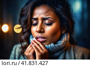 Tonsillitis and angina concept. Sick black woman with closed eyes touching her sore throat. Unhealthy female with painful feelings in neck feels discomfort, hard to swallow, irritation or loss voice. AI. Стоковое AI-изображение, AI-художник Sergey Grishin / Фотобанк Лори