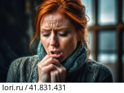 Tonsillitis and angina concept. Sick woman with closed eyes touching her sore throat. Unhealthy female with painful feelings in neck feels discomfort, hard to swallow, irritation or loss of voice. AI. Стоковое AI-изображение, AI-художник Sergey Grishin / Фотобанк Лори