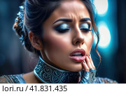 Tonsillitis and angina concept. Sick woman with closed eyes touching her sore throat. Unhealthy female with painful feelings in neck feels discomfort, hard to swallow, irritation or loss of voice. AI. Стоковое AI-изображение, AI-художник Sergey Grishin / Фотобанк Лори