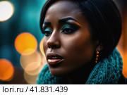 Tonsillitis and angina concept. Sick black woman with closed eyes touching her sore throat. Unhealthy female with painful feelings in neck feels discomfort, hard to swallow, irritation or loss voice. AI. Стоковое AI-изображение, AI-художник Sergey Grishin / Фотобанк Лори