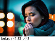 Tonsillitis and angina concept. Sick woman with closed eyes touching her sore throat. Unhealthy female with painful feelings in neck feels discomfort, hard to swallow, irritation or loss of voice. AI. Стоковое AI-изображение, AI-художник Sergey Grishin / Фотобанк Лори