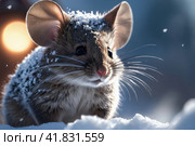 Curious mouse baby mice looking from hole in snow in winter. Cute little common rodent animal in wildlife.. AI. Стоковое AI-изображение, AI-художник Sergey Grishin / Фотобанк Лори