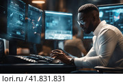 Talented Young afro dark skinned male Professional Working in a Technological Research and Development Agency. Computer Screens with Software Code and Technical Neural Network Diagrams. Multiscreen. AI. Стоковое AI-изображение, AI-художник Sergey Grishin / Фотобанк Лори
