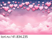 A charming pink background featuring a row of pink and white hearts hanging from ropes. Стоковое AI-изображение, AI-художник Галина Царькова / Фотобанк Лори