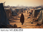 Refugee crisis concept: Vast refugee camp in desert with makeshift tents, a barren desert landscape, feeling of desperation and displacement. Стоковое AI-изображение, AI-художник Ирина Михайличенко / Фотобанк Лори