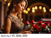 Grieving woman with a bouquet of flowers saying goodbye to the departed. Стоковое AI-изображение, AI-художник Юрий Поздников / Фотобанк Лори