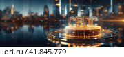 Glowing letters CBDC hover over a digital coin, symbolizing Central Bank Digital Currency, against a futuristic cityscape backdrop. Intersection of finance and technology in the modern digital economy. Стоковое AI-изображение, AI-художник Ольга Сухарева / Фотобанк Лори