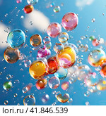 Soap bubbles on a background of bright unfocused colors. Generated by AI. Стоковое AI-изображение, AI-художник Ярославский Максим / Фотобанк Лори
