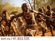 African aborigines with painted faces dance a national dance. Стоковое AI-изображение, AI-художник Irina Kuchugurina/Gaudy / Фотобанк Лори