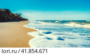 landscape empty deserted sand beach and sea waves with foam surf with blue sky and white clouds. Стоковое фото, фотограф Артем Курутин / Фотобанк Лори
