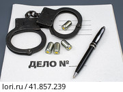 Наручники, патроны и шариковая авторучка на папке "Дело №" (2023 год). Редакционное фото, фотограф Анна Аникова / Фотобанк Лори