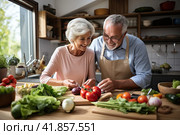 elder people making healthy food. Стоковое AI-изображение, AI-художник Юлия Паутова / Фотобанк Лори