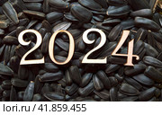 Новый год 2024. Цифры на фоне черных семечек. Деревянные цифры. Стоковое фото, фотограф Елена Бобкова / Фотобанк Лори