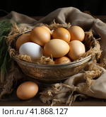 Chicken eggs on burlap, rustic still life  Generative AI. Стоковое AI-изображение, AI-художник Анна Кривицкая / Фотобанк Лори