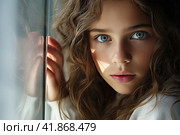 Portrait of a sweet and beautiful girl in close-up. Стоковое AI-изображение, AI-художник Ярославский Максим / Фотобанк Лори