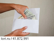 Money in white envelope in the hands of a man. Dollars, a wad of dollars. Стоковое фото, фотограф Леонид Еремейчук / Фотобанк Лори