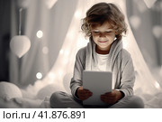 Children with gadgets, Alpha generation, Digital Aborigines - people born after the digital revolution and accustomed to gadgets from an early age. Стоковое AI-изображение, AI-художник Ирина Ручушкина / Фотобанк Лори