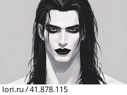 Красивый черноволосый длинноволосый парень с белым лицом, чёрными губами и подведёнными чёрным цветом глазами, портрет, созданный при помощи нейросети. Стоковое AI-изображение, AI-художник Мария L. / Фотобанк Лори