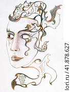 Mask in the form of a female face with patterns. Color pencil drawing. Стоковая иллюстрация, иллюстратор Леонид Еремейчук / Фотобанк Лори