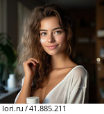 A young beautiful girl with gorgeous hair in a light T-shirt looks at the camera and smiles. Generated by And. Стоковое AI-изображение, AI-художник Ярославский Максим / Фотобанк Лори