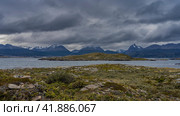 The landscape of southern Patagonia. On the islets in the Beagle Channel, sparse low-growing vegetation grows on rocky soil. The snow-capped mountain range of the Andes Martial against a cloudy sky. Стоковое фото, фотограф Вера Ивановна Кубарева / Фотобанк Лори