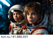 Дети в космических скафандрах. Стоковое AI-изображение, AI-художник Щеголева Ольга / Фотобанк Лори