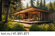 House wooden modern interior. Viila in forest. Стоковое AI-изображение, AI-художник Терехова Марина / Фотобанк Лори