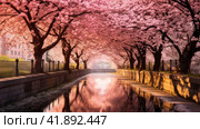 Blooming pink sakura cherry trees in a garden park. Romance and love, tenderness. Abstract natural spring background light rosy dark flowers close up. Стоковое AI-изображение, AI-художник ALLA YURTAYEVA / Фотобанк Лори