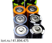 Salt and alkaline batteries, source of energy for portable technology. AAA and AA batteries. Стоковое фото, фотограф Леонид Еремейчук / Фотобанк Лори