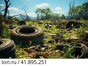 Old rusty tires are dumped among the grass. ,Generative AI. Стоковое AI-изображение, AI-художник Анна Кривицкая / Фотобанк Лори