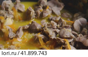 Тушеная куриная говядина с овощами. Из сковороды поднимается пар. Приготовление в азиатском стиле. Стоковое видео, видеограф Воловодов Владимир / Фотобанк Лори