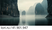 Aerial predawn view of the tropical coast with karst limestone islets and cliffs in morning fog. Стоковое AI-изображение, AI-художник Евгений Харитонов / Фотобанк Лори