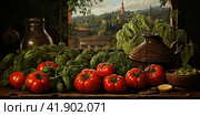 Juicy tomatoes nestled among lush green basil leaves.Generative AI. Стоковое AI-изображение, AI-художник Анна Кривицкая / Фотобанк Лори