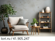 Stylish scandinavian living room composition with designer armchair and ceramic vase with dry branch on laminate floor. loft style wooden wall with modern home decor in front. Стоковое AI-изображение, AI-художник Ирина Михайличенко / Фотобанк Лори