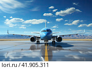 Airplane parked at the airport. Runway at the airport and the plane flies and landing. Стоковое AI-изображение, AI-художник Ирина Михайличенко / Фотобанк Лори