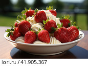 Fresh strawberries in the yoghurt or cream. Delicious strawberries with whipped cream served on light grey table. Стоковое AI-изображение, AI-художник Ирина Михайличенко / Фотобанк Лори
