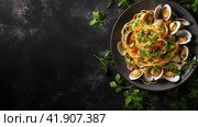 Spaghetti alle vongole with tomato in seafood jus served as close-up at a Nordic design bowl with copy space. Стоковое AI-изображение, AI-художник Ирина Ручушкина / Фотобанк Лори