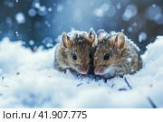 Snowstorm, two mice snuggling together and almost covered in snow, ,Generative AI. Стоковое AI-изображение, AI-художник Анна Кривицкая / Фотобанк Лори