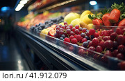 Fresh ripe fruits on the refrigerated storefront. The concept of fruit freshness. Стоковое AI-изображение, AI-художник Ярославский Максим / Фотобанк Лори