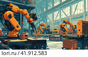 Illustration of industrial robots working. Стоковое AI-изображение, AI-художник Кирилл Черезов / Фотобанк Лори